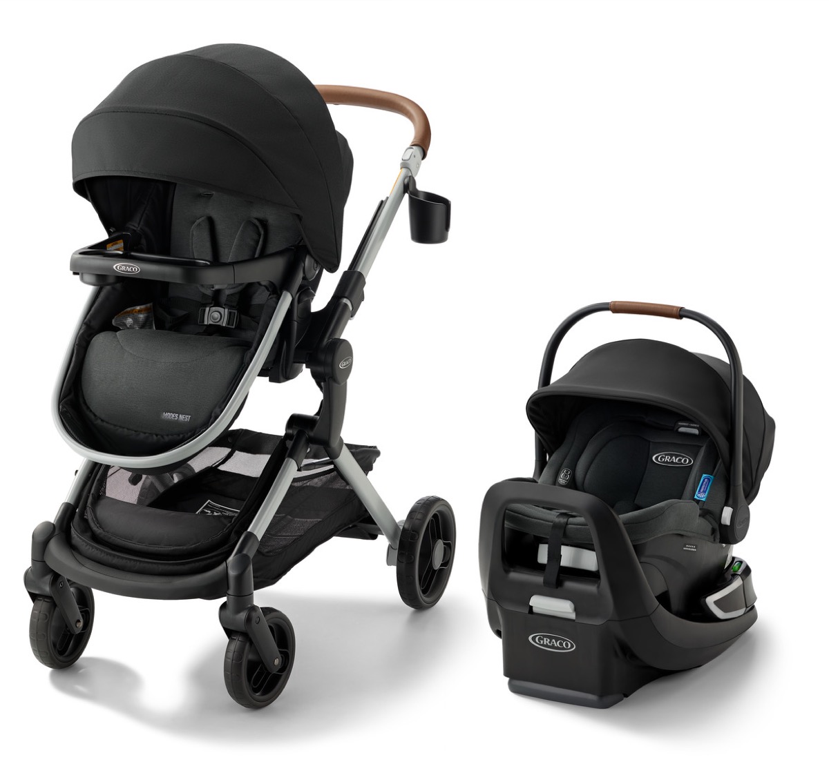 Black Modes Nest travel system stroller with matching black SnugRide Turn and Slide infant car seat